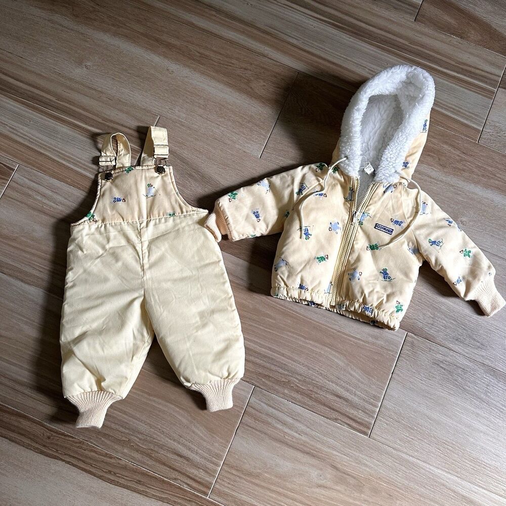 Vintage Oshkosh Bear Snow Bibs & Jacket Bunting Baby 12 Months Hooded Fleece USA